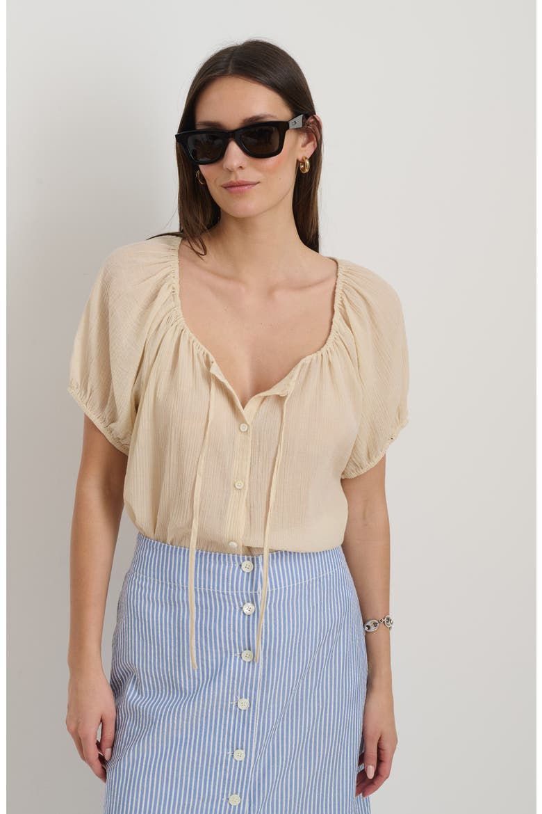Rose Crinkle Tie Neck Cotton Top, Alternate, color, OFF WHITE