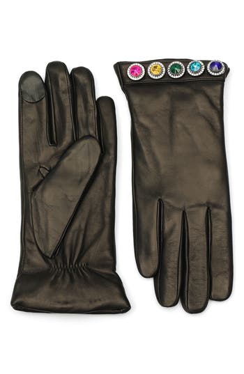 Kurt Geiger London Rainbow Crystal Leather Gloves In Black