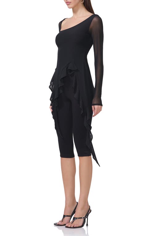 Afrm Doris Ruffle Asymmetric Mesh Top In Noir