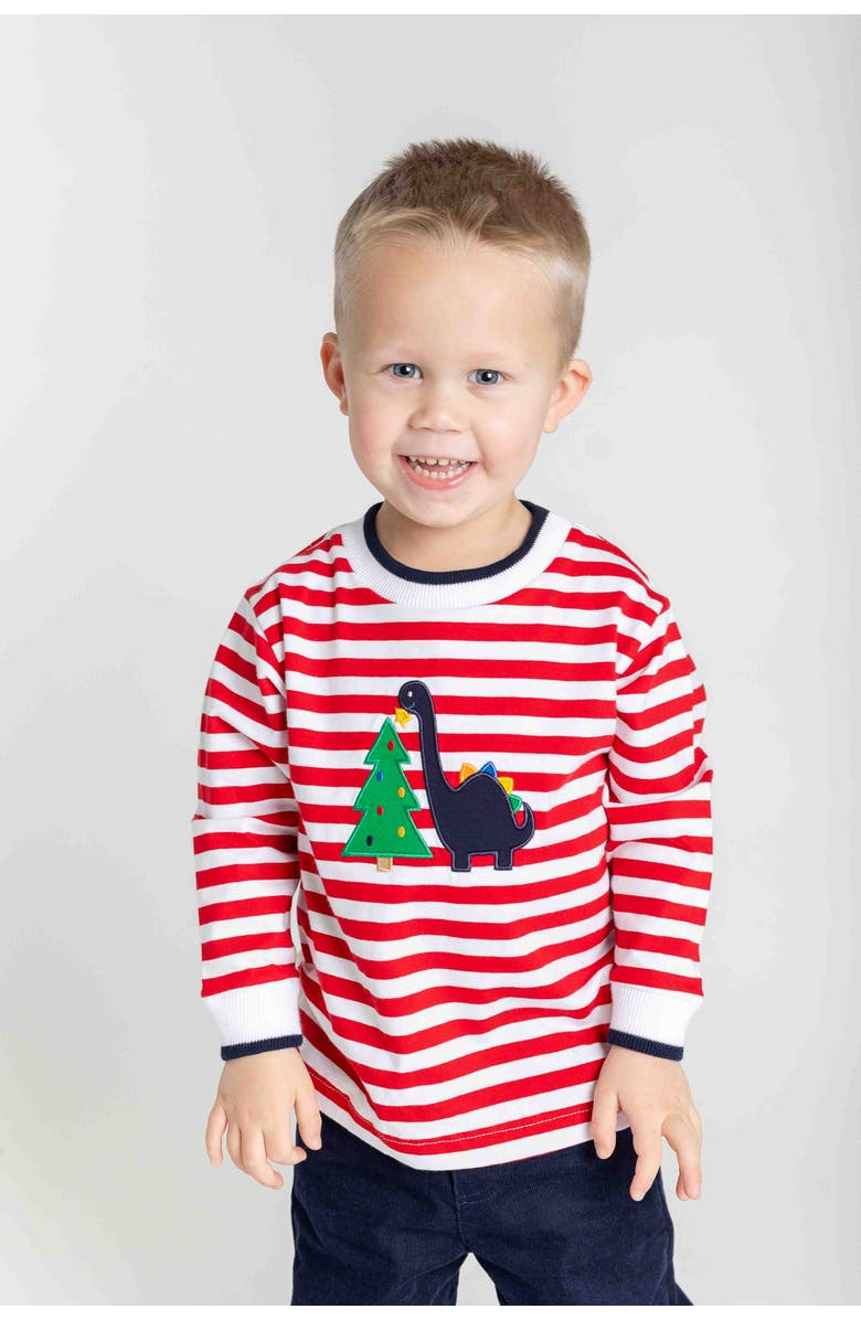 Florence Eiseman Stripe Knit Shirt With Dino And Christmas Tree, Alternate, color, Red, Green, White