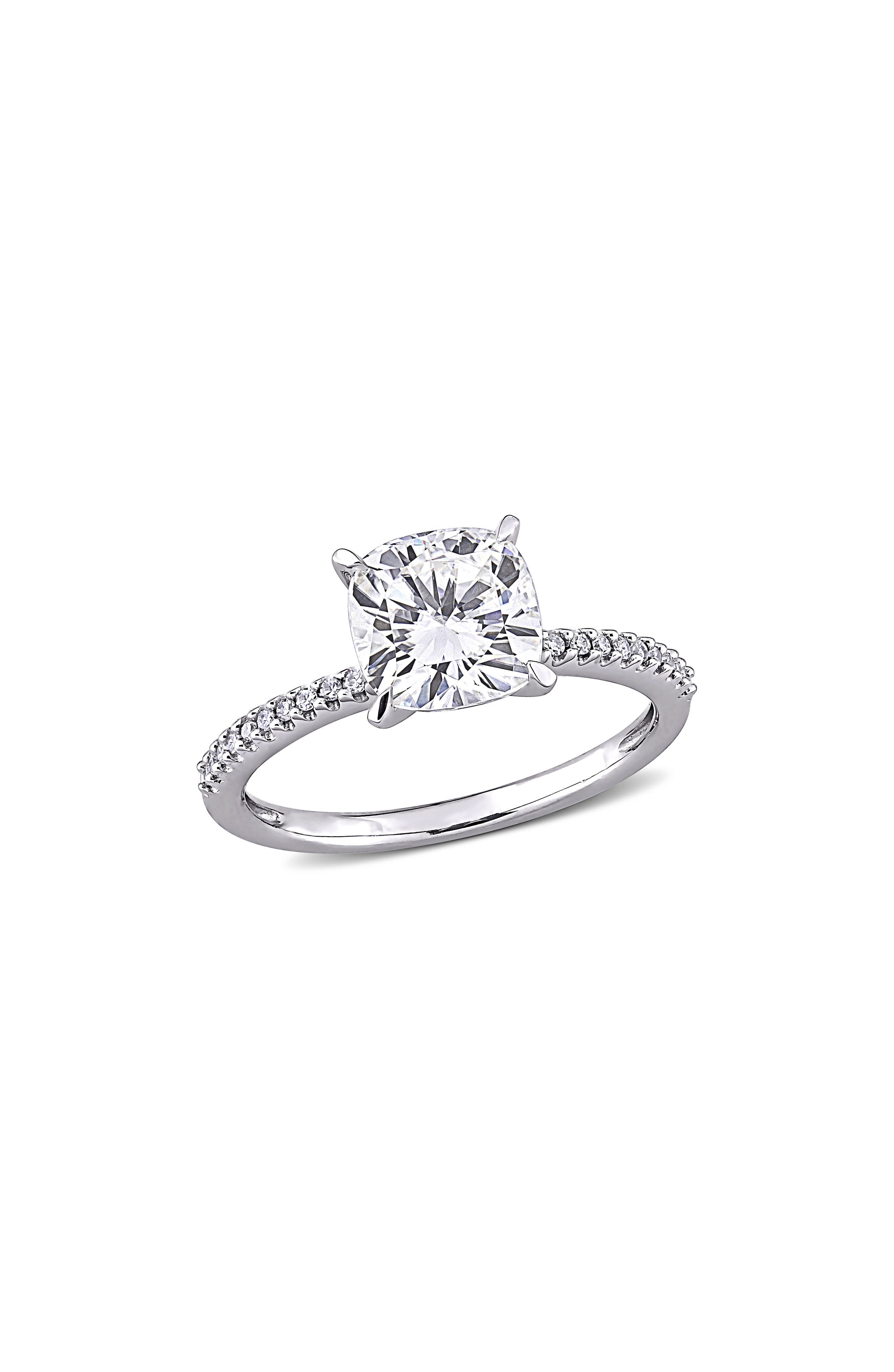 DELMAR 14K White Gold Cushion Cut Lab Created Moissanite & Diamond Ring - 0.11ct.