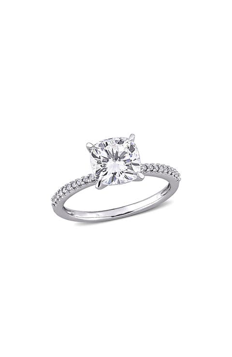 14K White Gold Cushion Cut Lab Created Moissanite & Diamond Ring - 0.11ct.