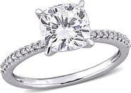 DELMAR 14K White Gold Cushion Cut Lab Created Moissanite & Diamond Ring - 0.11ct.