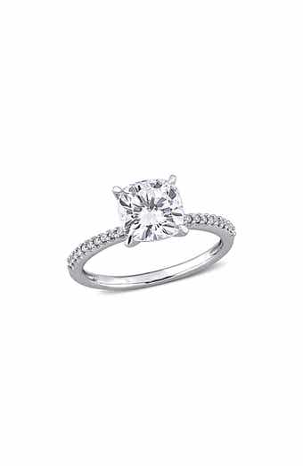 DELMAR 14K White Gold Cushion Cut Lab Created Moissanite & Diamond Ring - 0.11ct.