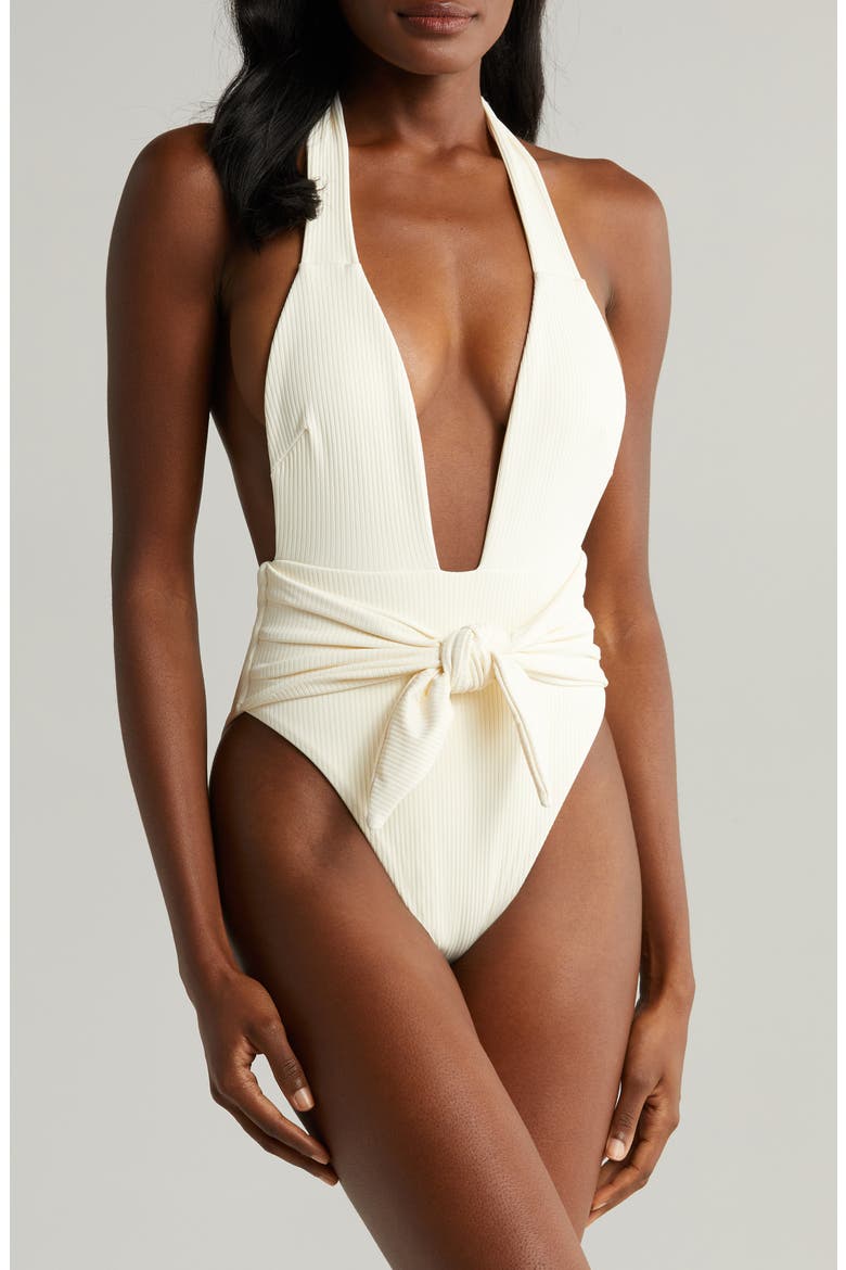 Tropez Rib Tie Waist One-Piece Swimsuit, Main, color, CREAM RIB