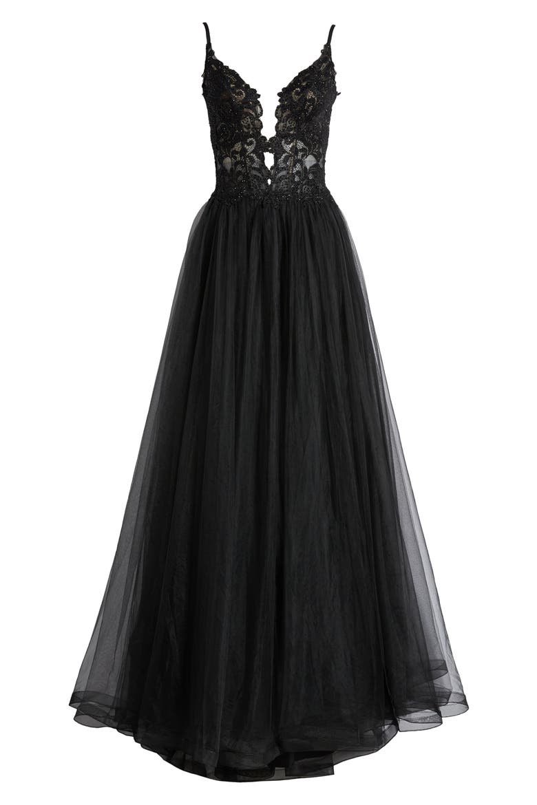 Tulle A Line Gown with Lace Rhinestone Bodice, Alternate, color, BLACK