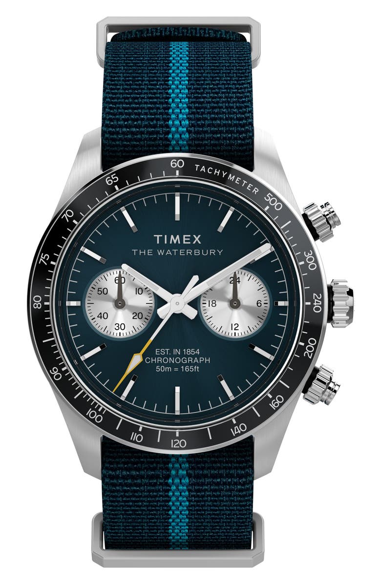 Timex<sup>®</sup> Waterbury Heritage Chronograph Webbing Strap Watch, 39mm, Main, color, Blue