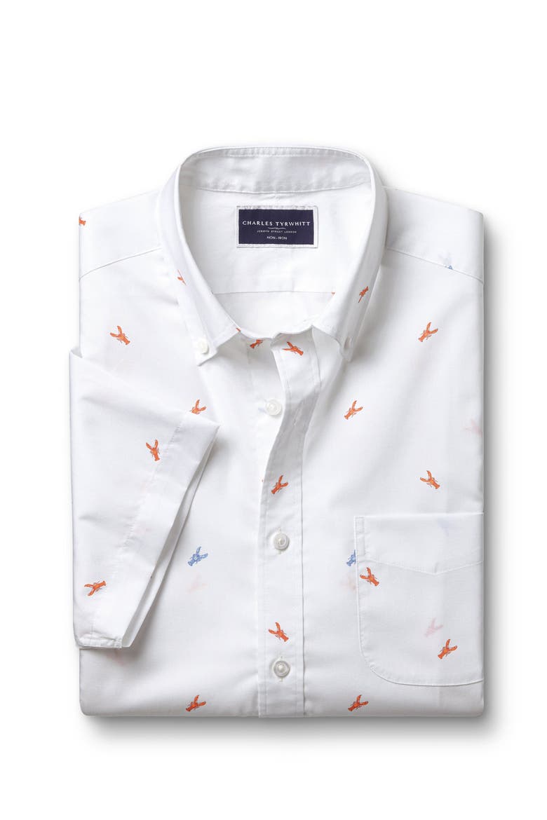 Slim Fit Multi Button-Down Collar Non-Iron Lobster Print Short Sleeve Shirt, Alternate, color, Orange