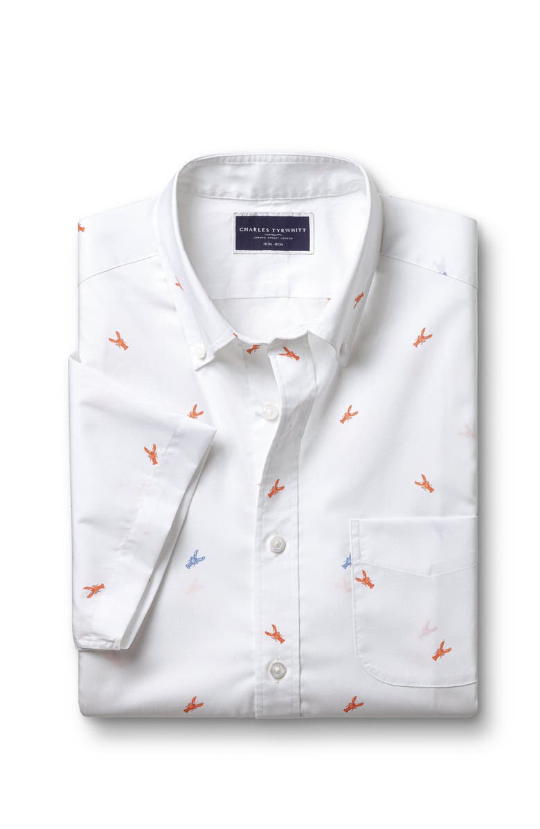 Charles Tyrwhitt Slim Fit Multi Button-Down Collar Non-Iron Lobster Print Short Sleeve Shirt, Alternate, color,
