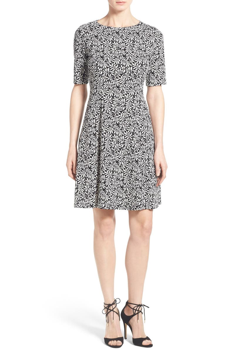 Ivanka Trump Leaf Print Textured Fit & Flare Dress, Main, color,