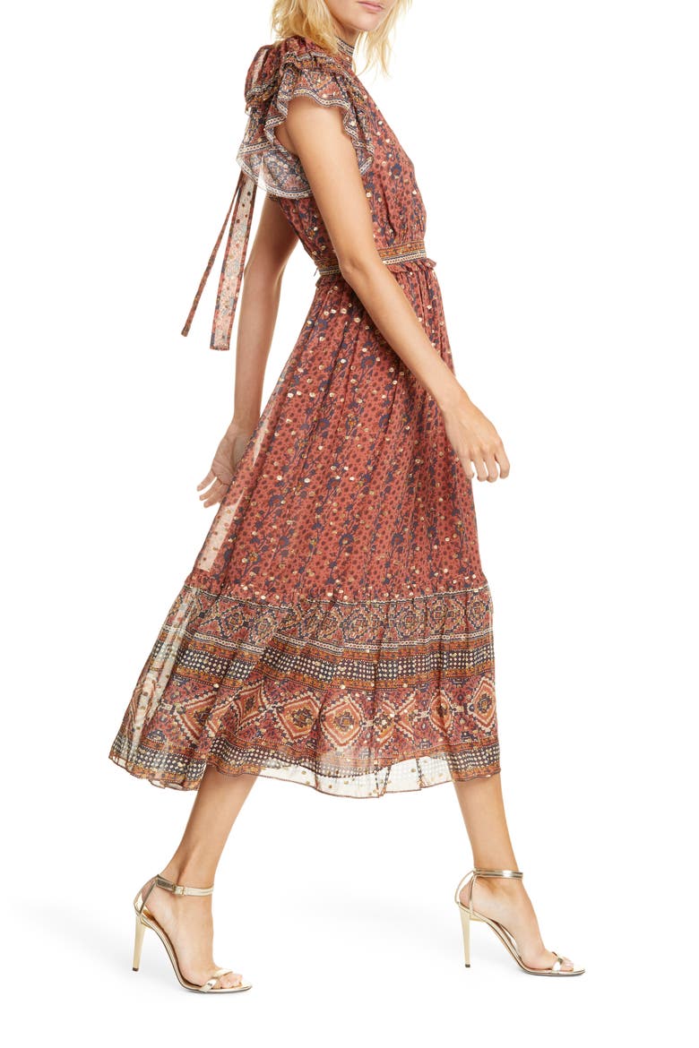 Alastair Jacquard Dot Silk Blend Midi Dress, Alternate, color, BRICK