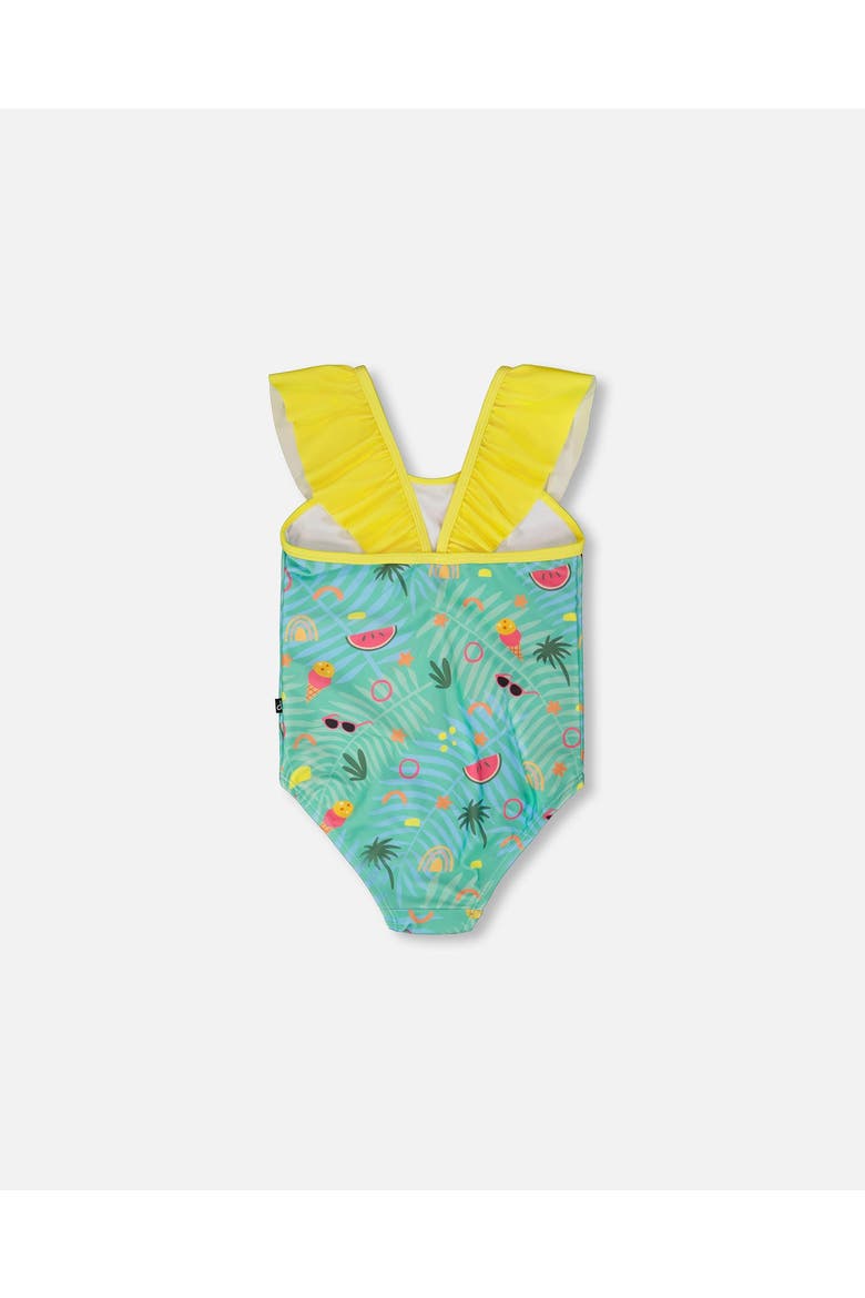 One-Piece Ruffle Beach Swimsuit, Alternate, color, Green Beach Print
