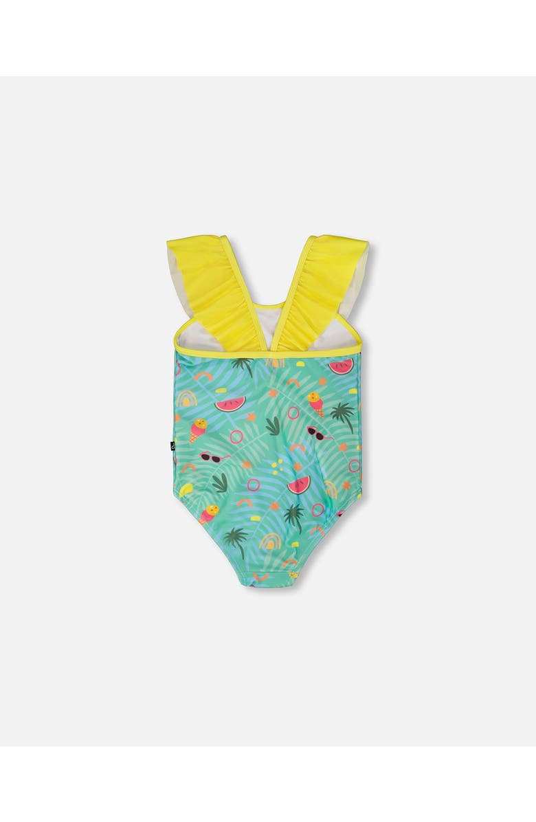 Deux par Deux One-Piece Ruffle Beach Swimsuit, Alternate, color, Green Beach Print