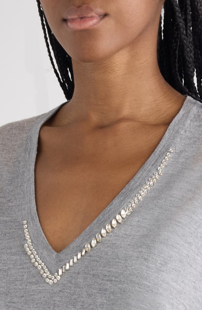Dries Van Noten Tuomas Crystal Embellished Merino Wool V-Neck Sweater, Alternate, color, Grey