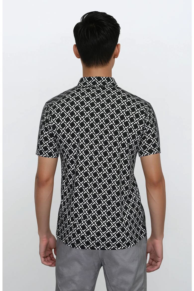 Wrinkle Resistant 3 Button Geometric Black Polo Shirt, Alternate, color, Black Multi