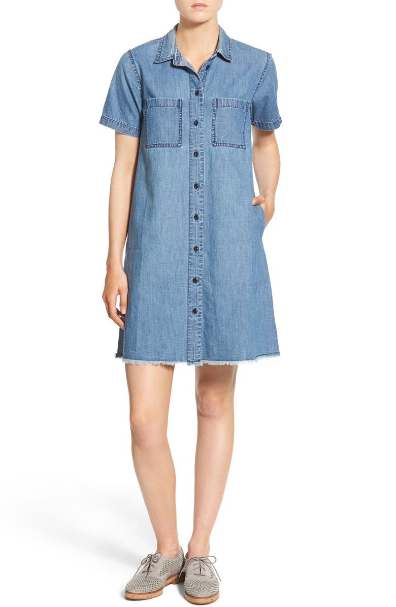 Madewell Frayed Hem Denim Shirtdress, Main, color, 