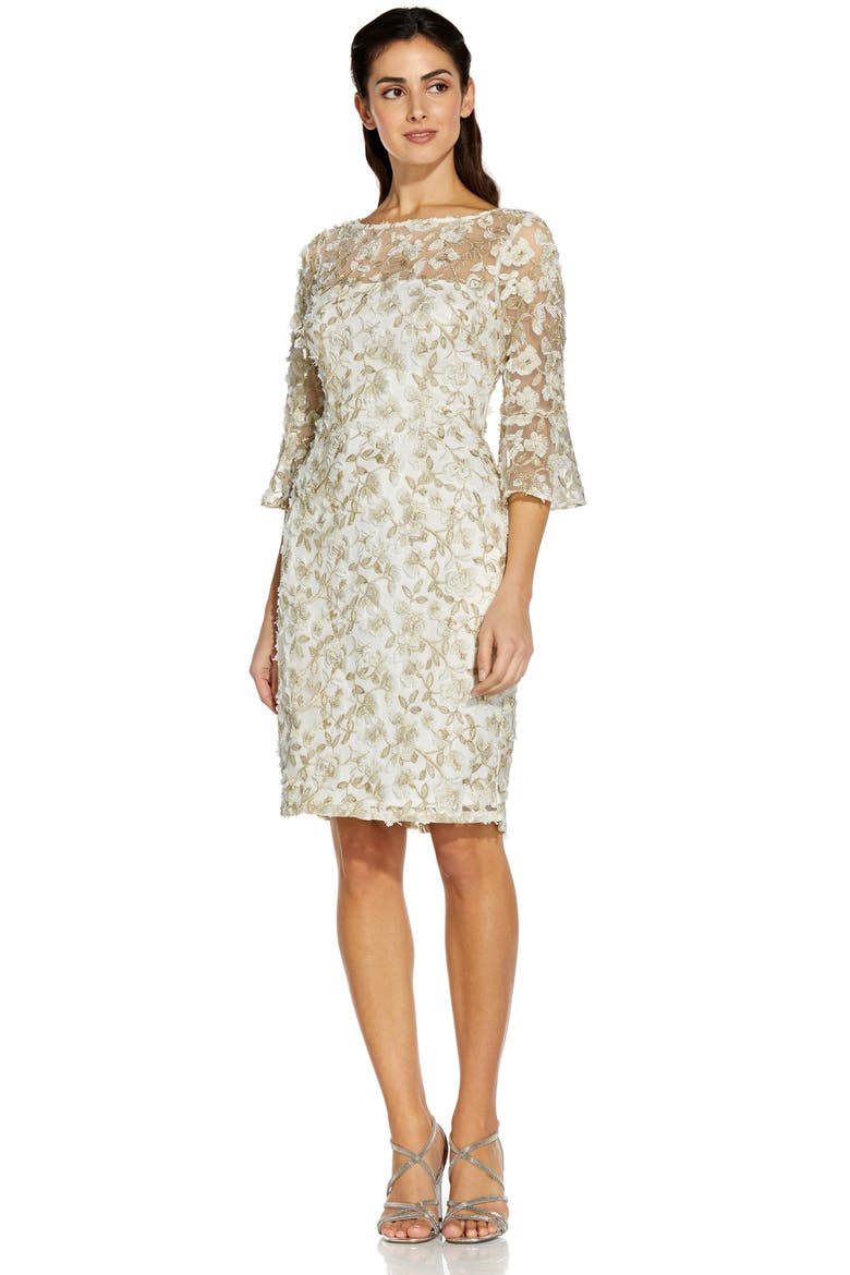 Floral Embroidered Sheath Dress, Alternate, color, IVORY/ GOLD