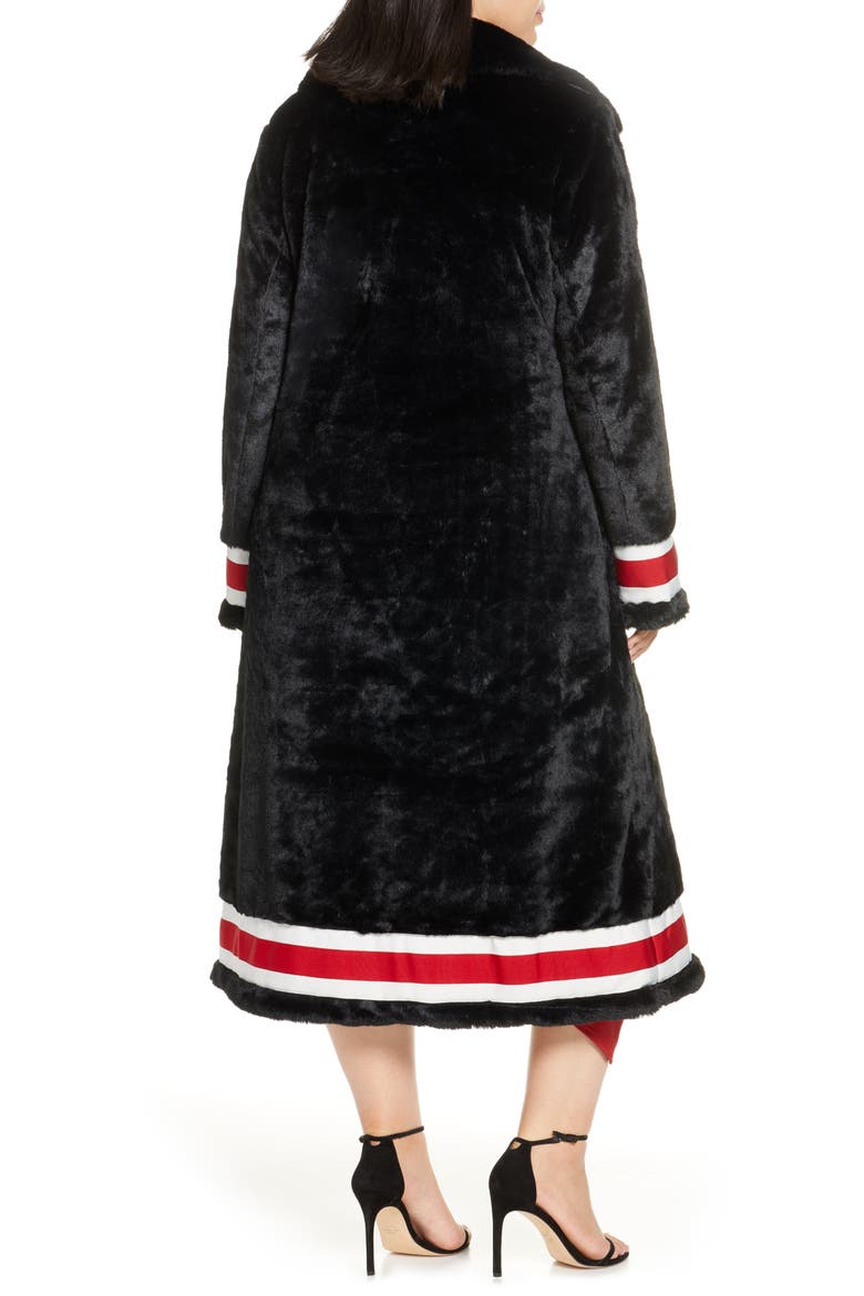 Grosgrain Ribbon Trim Faux Fur Swing Coat, Alternate, color, BLACK W/ BLACK JAGUAR LINING