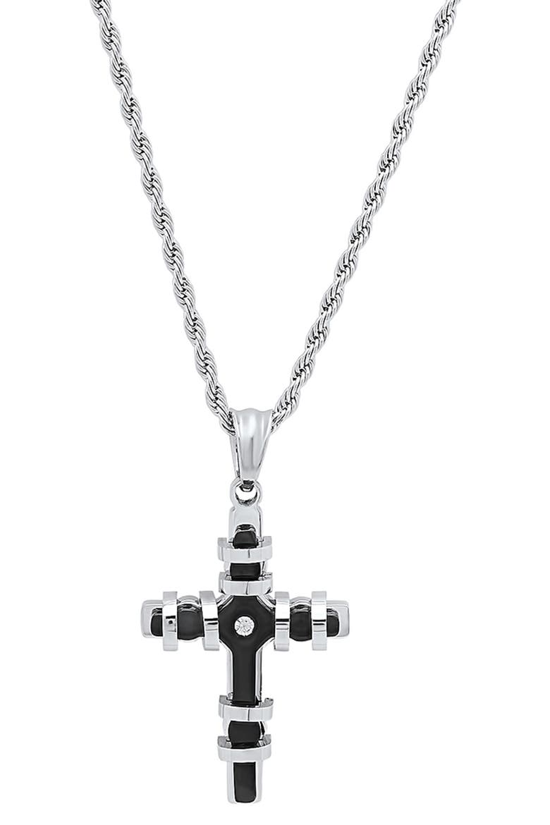 HMY JEWELRY Two Tone Simulated Diamond Cross Pendant Necklace, Main, color, METALLIC