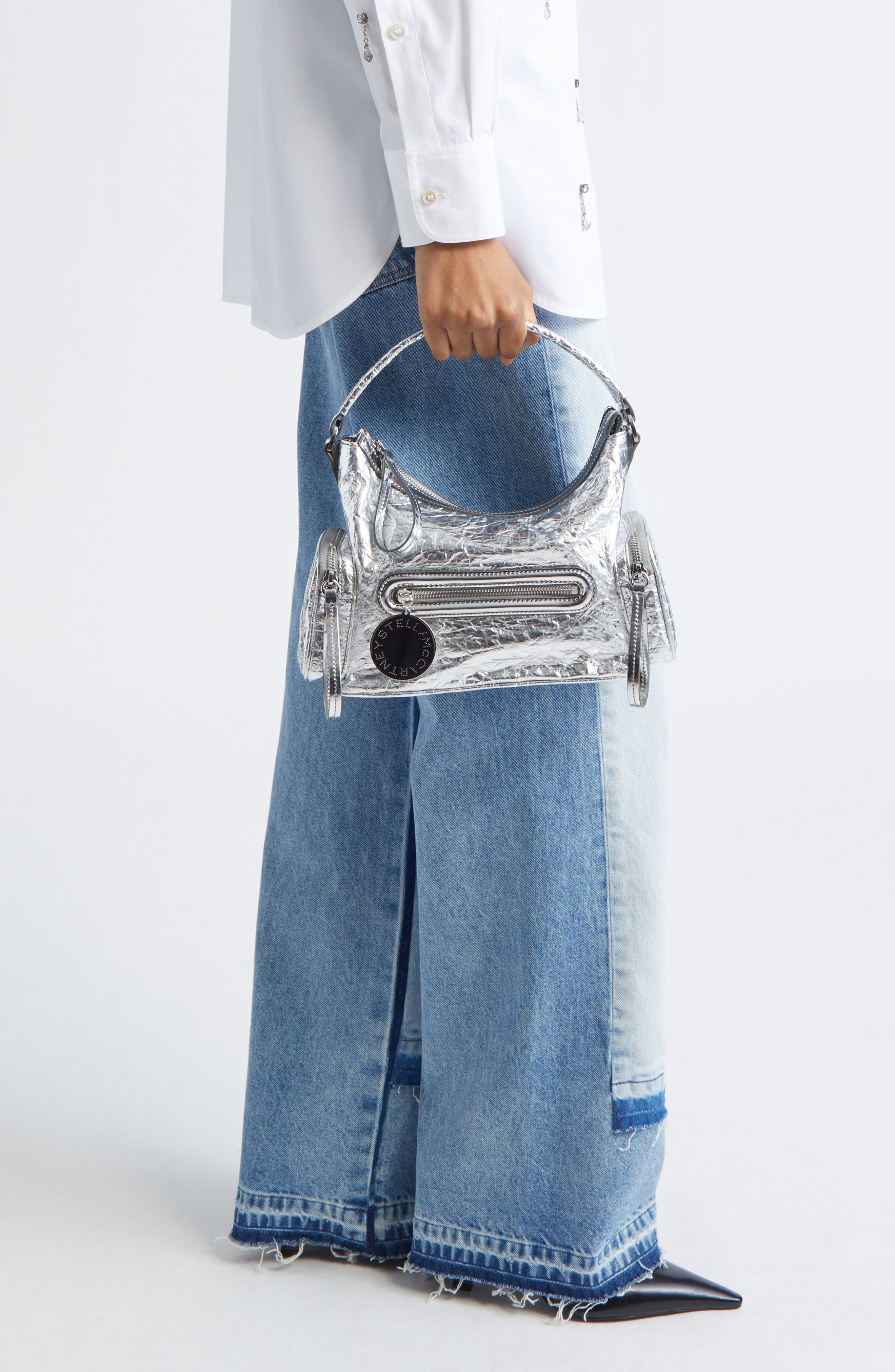 Stella McCartney Small Dartmoor Crinkled Metallic Faux Leather Shoulder Bag, Alternate, color, Silver