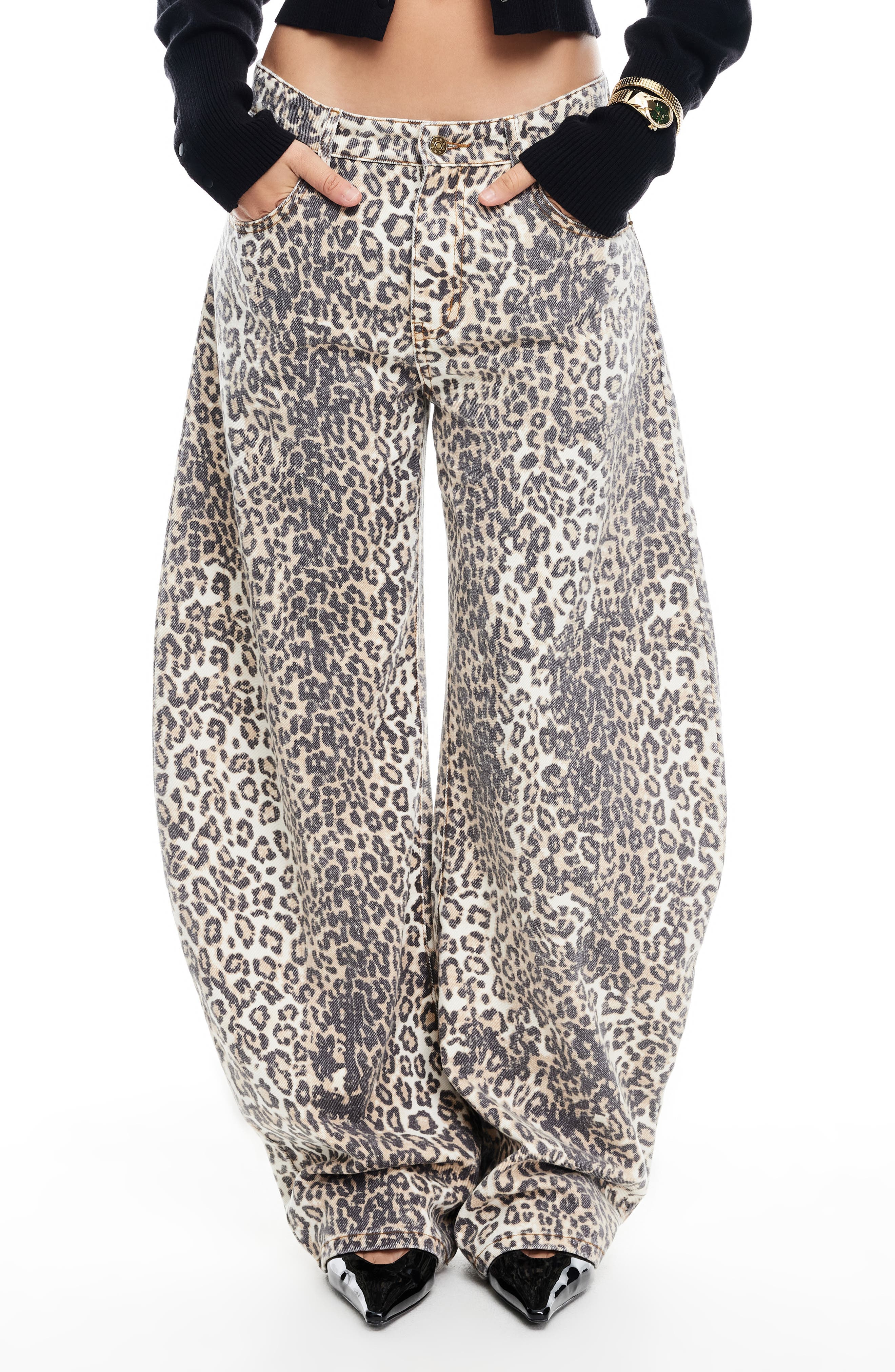 LIONESS Horseshoe Print Barrel Leg Jeans