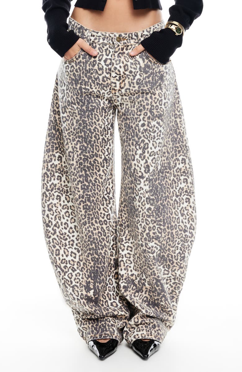LIONESS Horseshoe Print Barrel Leg Jeans, Main, color, Leopard Fade