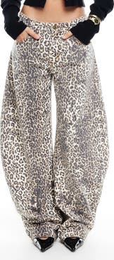 LIONESS Horseshoe Print Barrel Leg Jeans