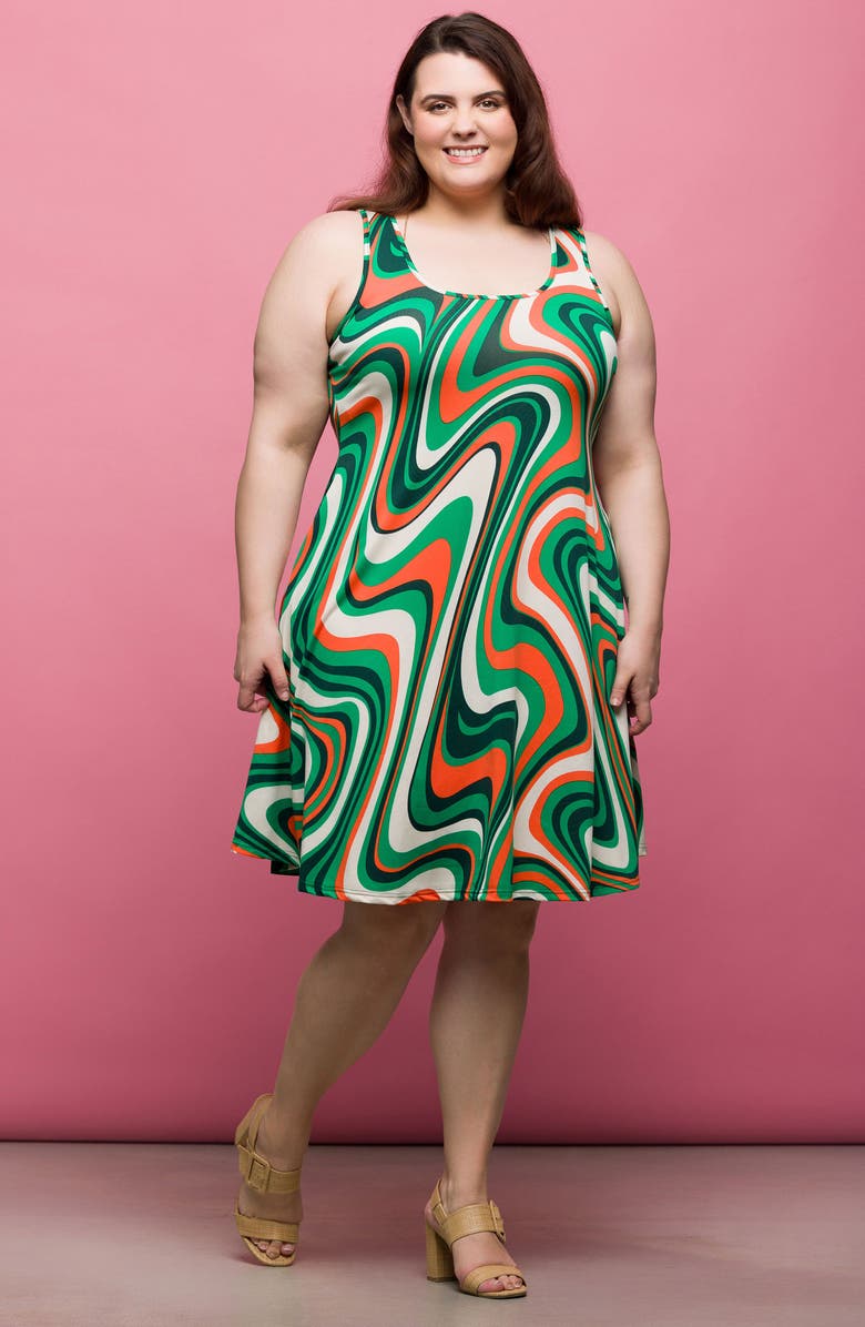 24seven Comfort Apparel Swirl Print Knit Minidress, Alternate, color, Green Multi