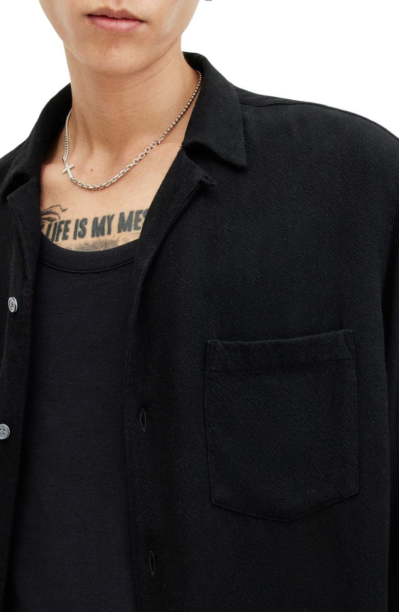 AllSaints Cudi Textured Long Sleeve Camp Shirt, Alternate, color, Black