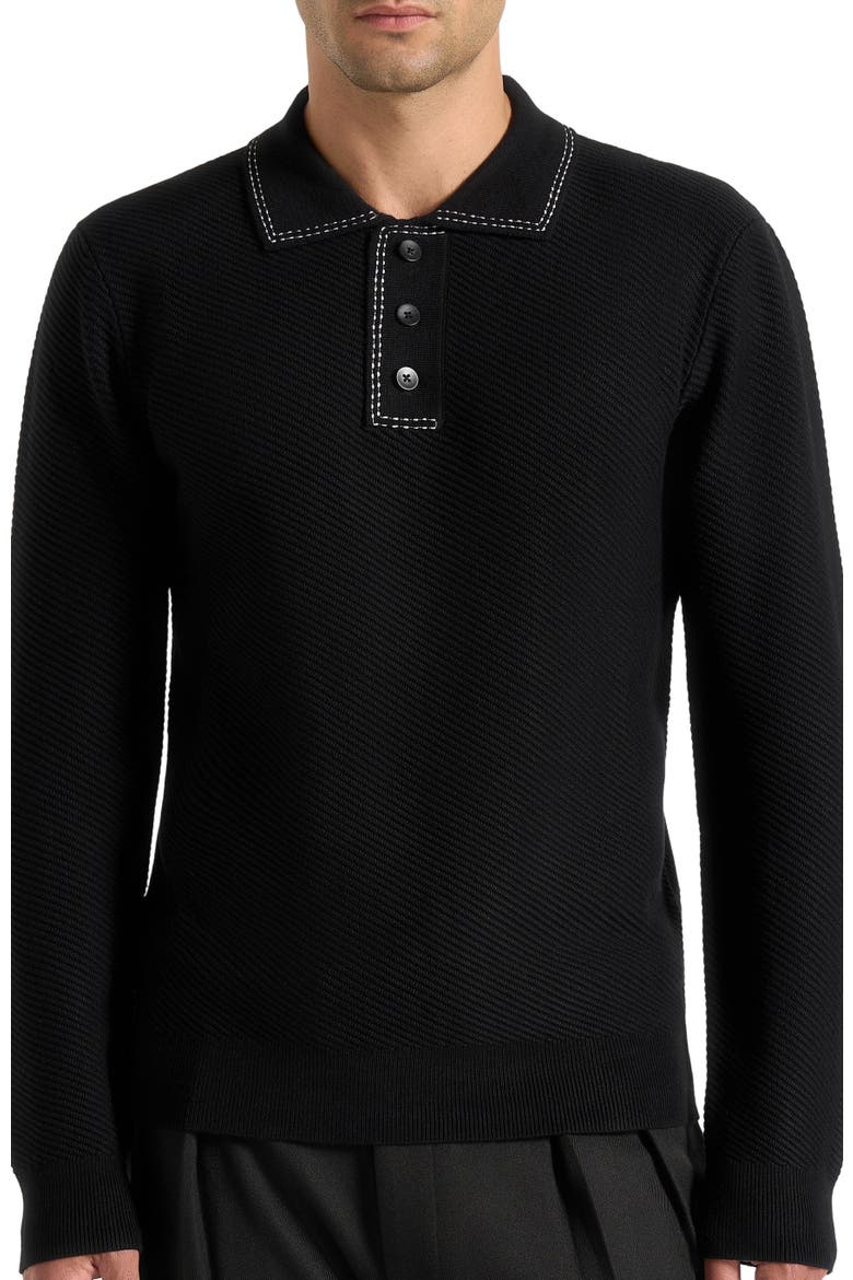 Aymeric Whipstitch Detail Long Sleeve Knit Polo Shirt, Alternate, color, Black