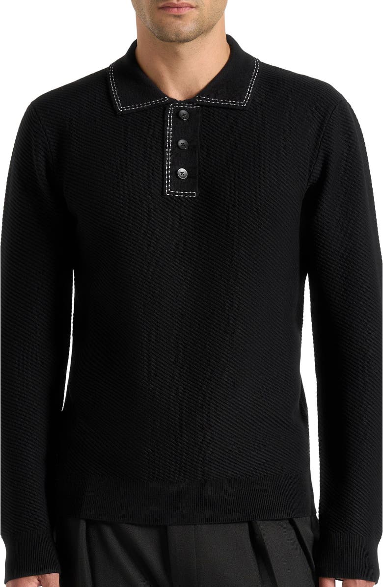 Manière De Voir Aymeric Whipstitch Detail Long Sleeve Knit Polo Shirt, Alternate, color, Black