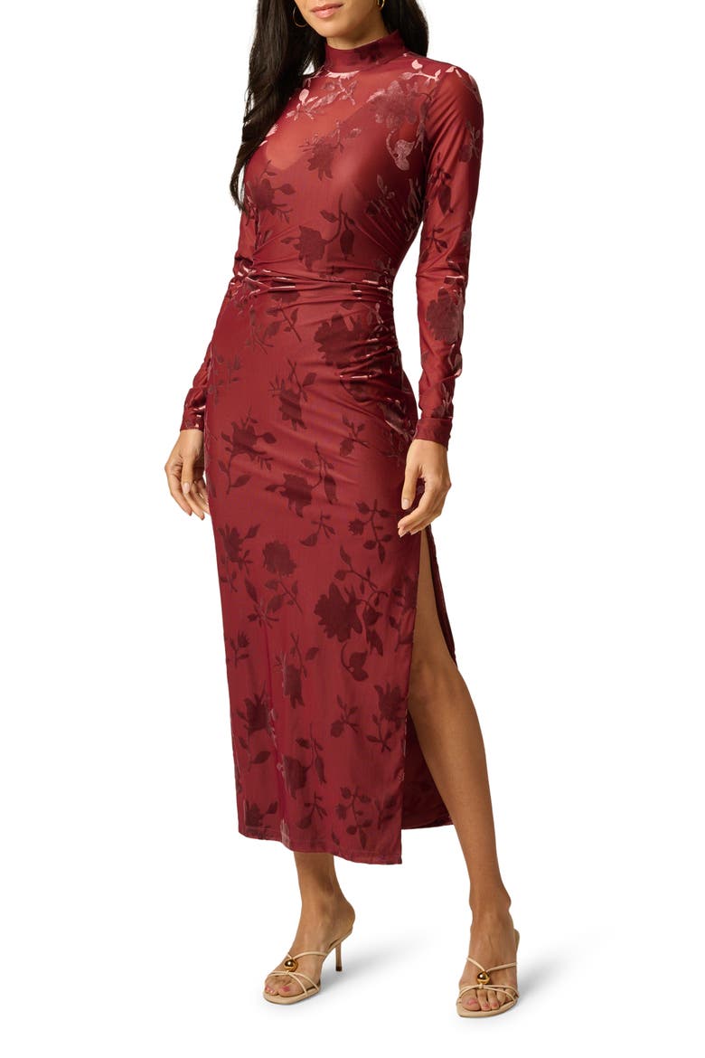 Velvet Burnout Long Sleeve Midi Dress, Main, color, AUBURN
