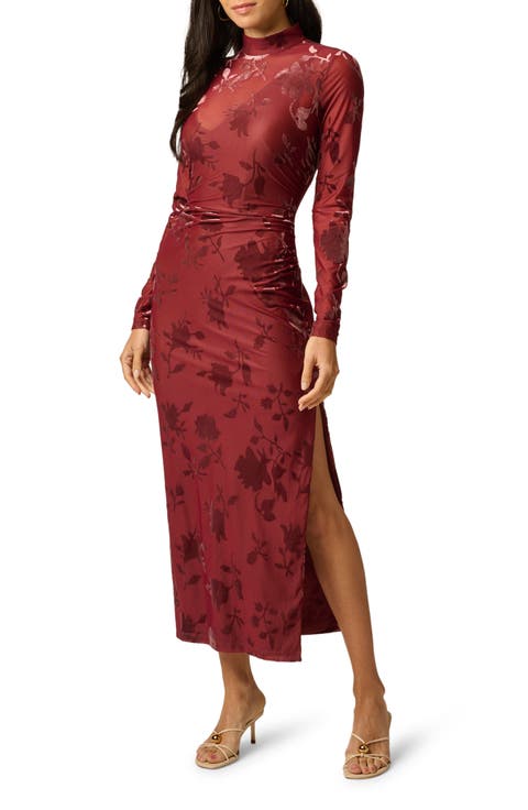 Velvet Burnout Long Sleeve Midi Dress