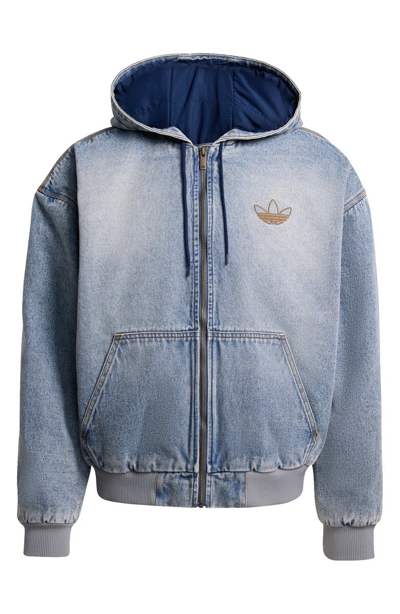 adidas Denim Hooded Bomber Jacket, Alternate, color, Indigo Denim