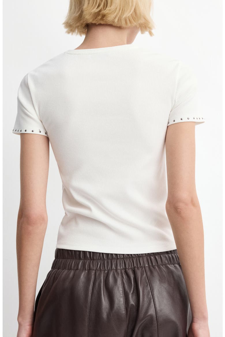 Studded Trim Stretch Cotton Blend Rib Crop T-Shirt, Alternate, color, WHITE