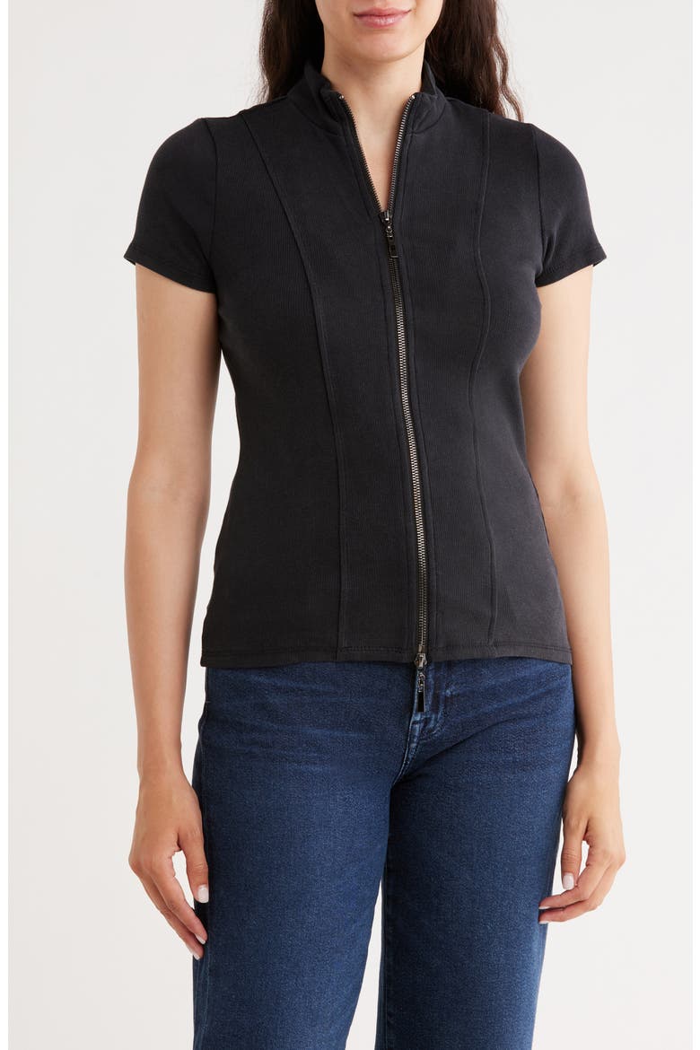 Short Sleeve Zip Up Top, Main, color, BLACK