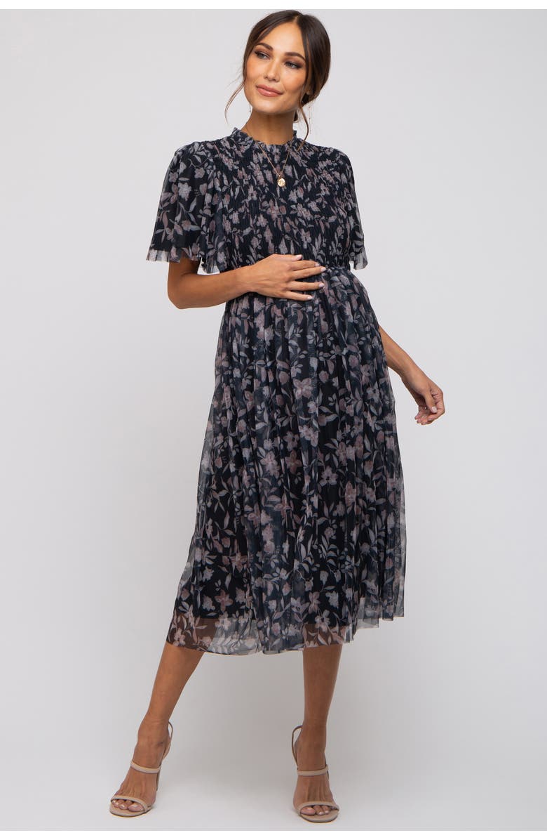 PinkBlush Floral Smocked Mesh Knit Midi Dress, Main, color, Black