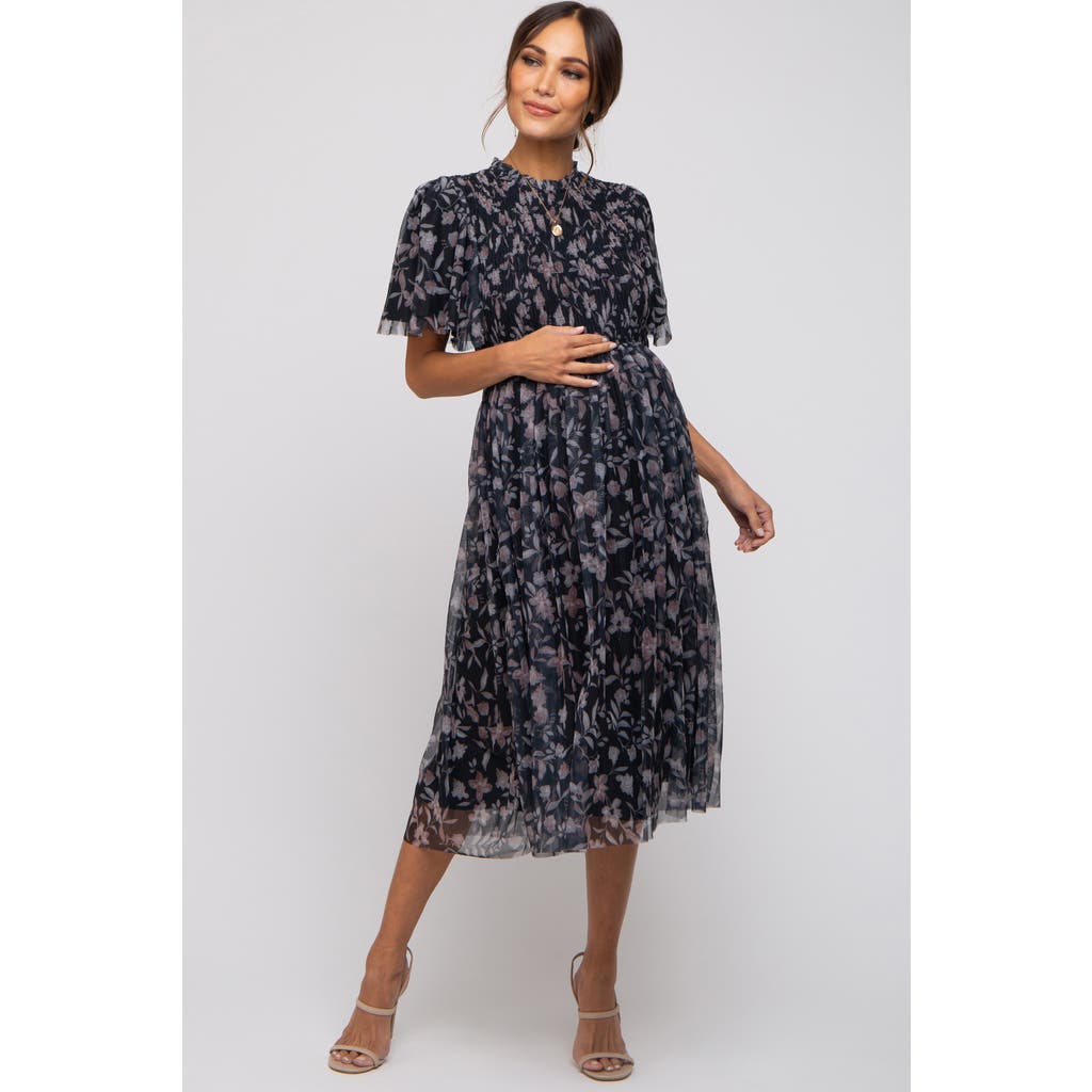 PinkBlush Floral Smocked Mesh Knit Midi Dress in Black at Nordstrom, Size Medium