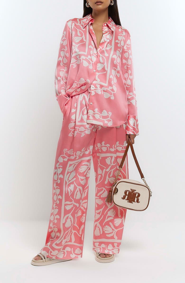 River Island Oversize Vine Print Satin Shirt, Alternate, color,