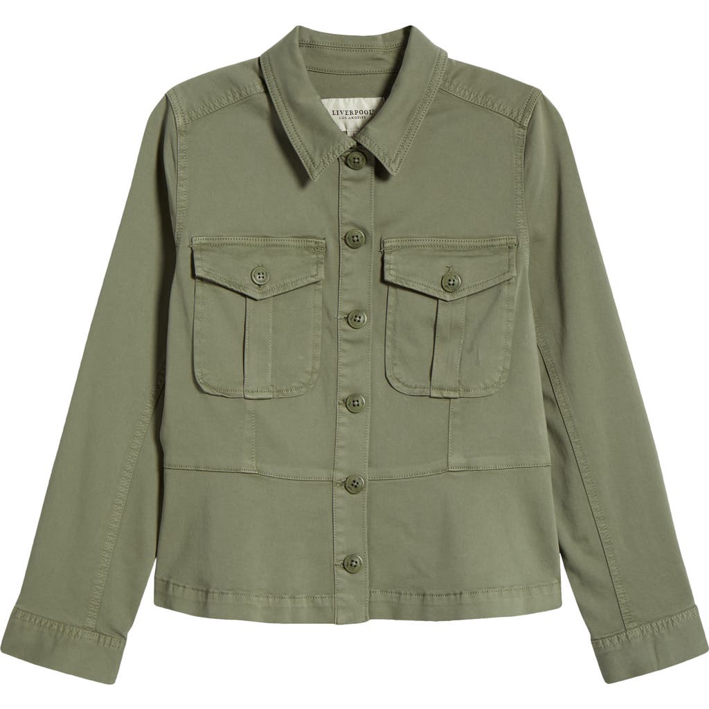 Shop Liverpool Los Angeles Peplum Twill Trucker Jacket In Martini Olive