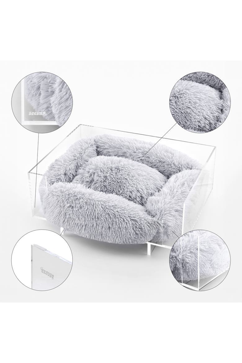 Carole 24" x 18" Small/Medium Modern Lucite Calming Fluffy Pet Bed with Washable Cushion, Alternate, color, Light Gray/Clear