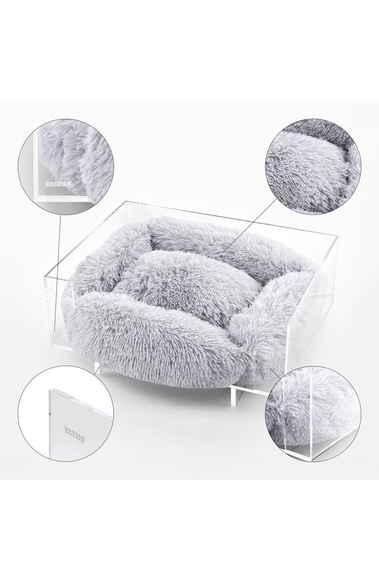 The Licker Store Carole 24" x 18" Small/Medium Modern Lucite Calming Fluffy Pet Bed with Washable Cushion, Alternate, color, Light Gray/Clear