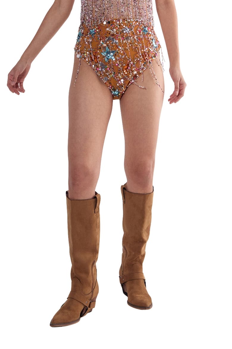Star Embellished Tassel Booty Shorts, Main, color, Orange