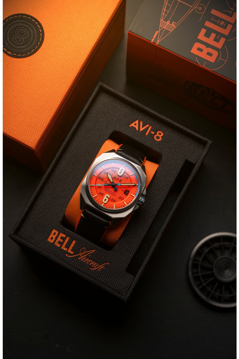 Bell X-1 Machbuster Automatic Leather/Rubber Strap Watch, 41mm, Alternate, color, ORANGE
