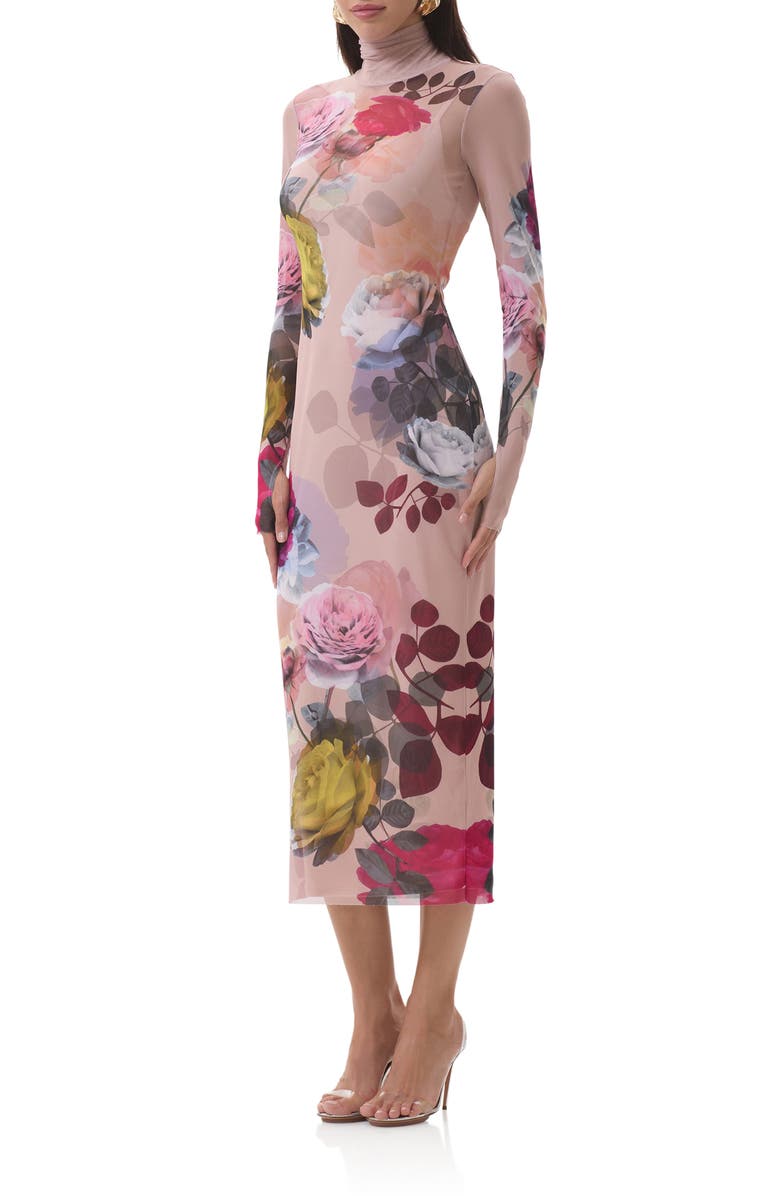 AFRM Shailene Print Long Sleeve Powermesh Body-Con Midi Dress, Alternate, color, Placed Photo Rose