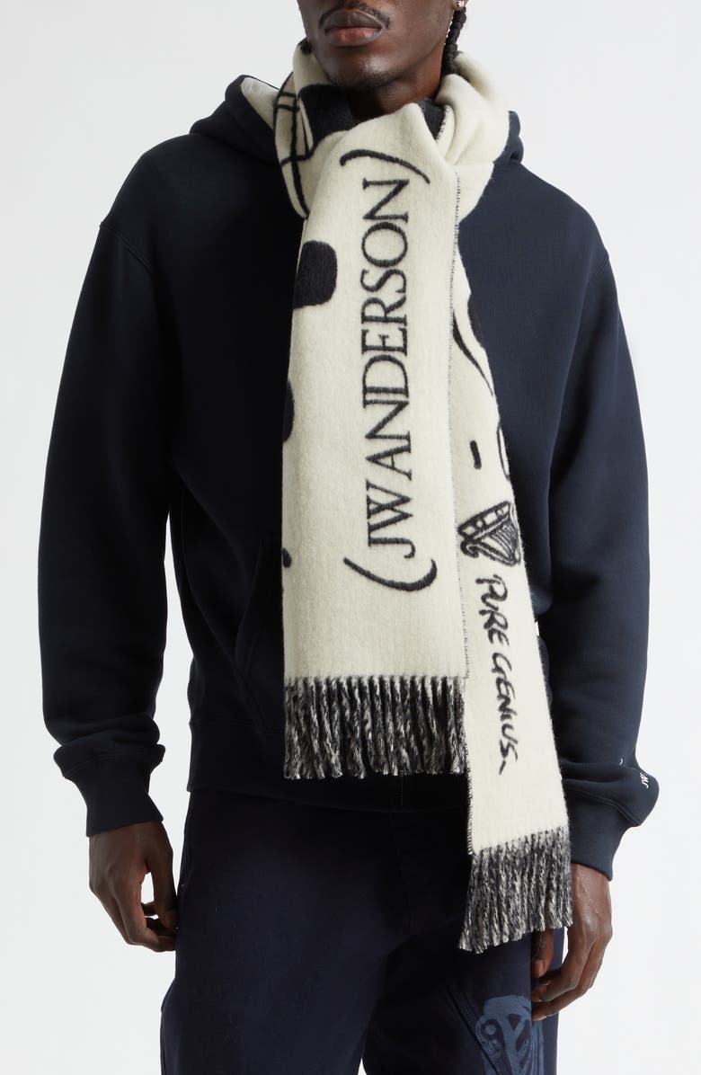JW Anderson x Guinness Smooth Tempo Virgin Wool & Cashmere Fringe Scarf, Main, color, Cream/ Black