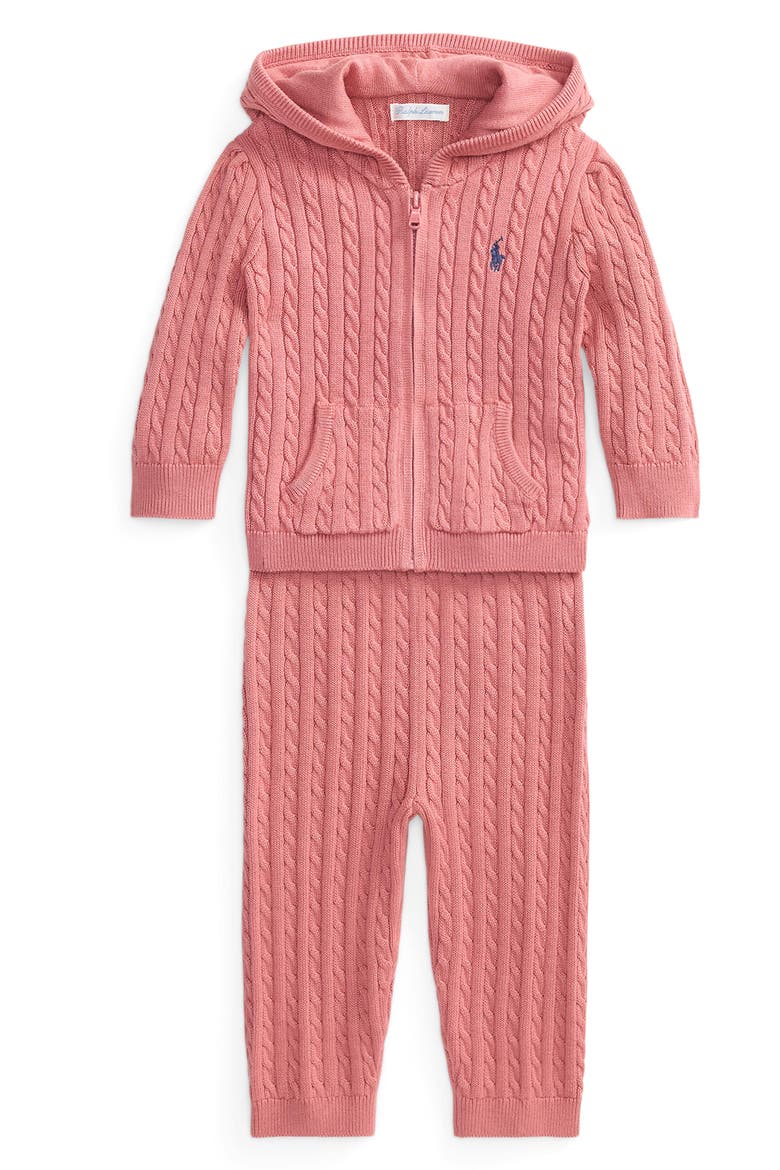 Kids' Cable Knit Cotton Hoodie and Pants Set, Main, color, CANVAS PINK