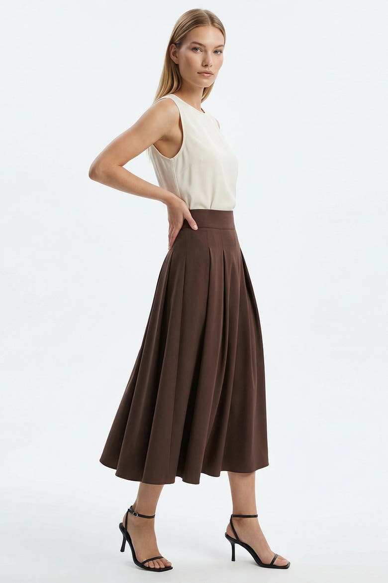 Nayaine Pleated Elasticated Back Midi Skirt, Alternate, color, BROWN