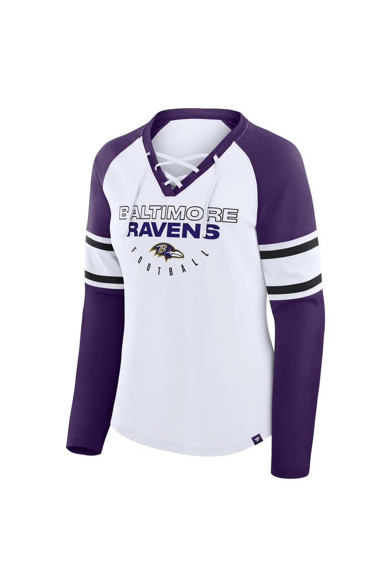 Women's Fanatics White/Purple Baltimore Ravens Redzone Blitz Package Raglan Lace-Up V-Neck Long Sleeve T-Shirt, Alternate, color, White