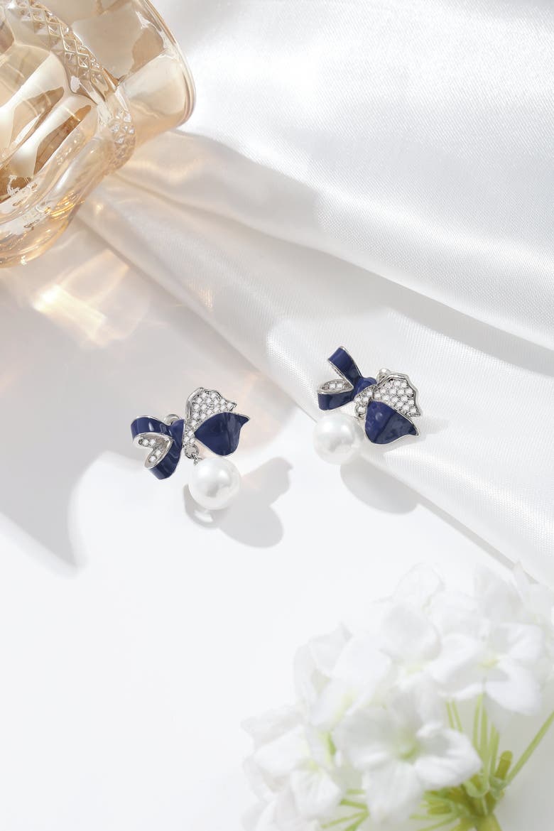 Blue Enamel Butterfly Imitation Pearl Dangle Earrings, Alternate, color, Silver